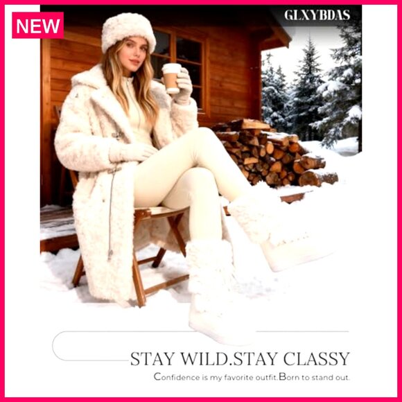 Furry Winter Snow Boots Waterproof Mid Calf Boots Flat Shoes Women - Picture 3 of 8